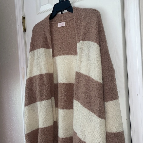 •PINK LILY•STRIPED MOCHA/IVORY OPEN FRONT SUPER SOFT KNIT CARDIGAN SWEATER LARGE - Picture 7 of 9